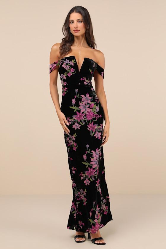 Enchanting You Black Burnout Velvet Off-the-Shoulder Maxi Dress Product Image