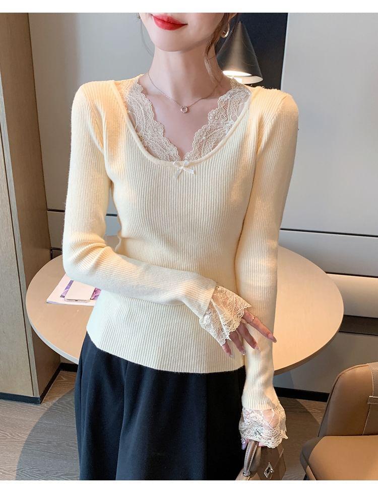 Long-Sleeve V-Neck Bow Lace Trim Ribbed Knit Top Product Image