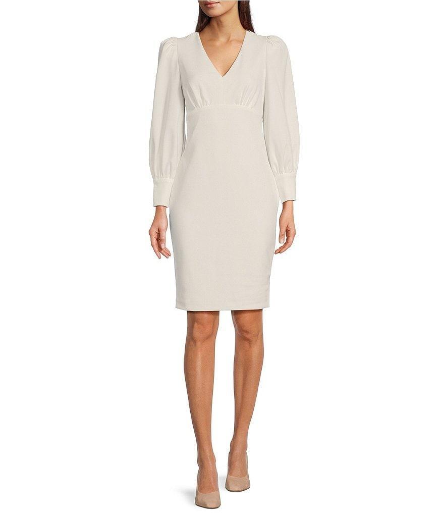 Calvin Klein Long Bishop Sleeve V-Neck Scuba Crepe Sheath Dress Product Image