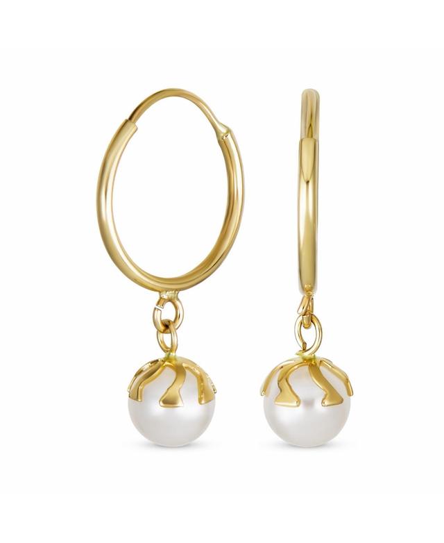 Petite Tiny Real 10K Yellow Gold White 4.5 Mm Round Freshwater Cultured Pearl Drop Ball Dangle Hoop Earring Women Teens June Birthstone Product Image