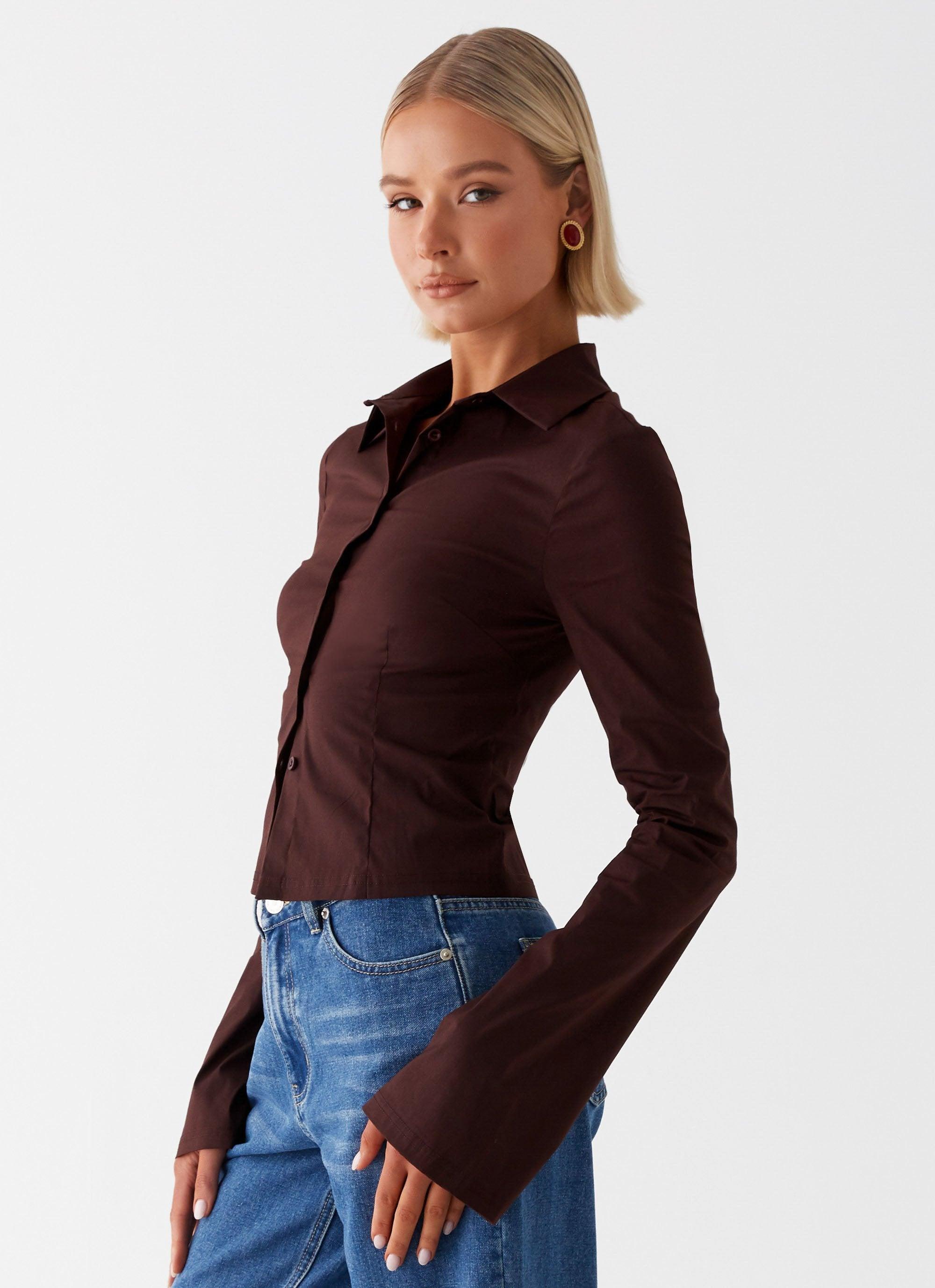 Leah Fitted Button Up Shirt - Chocolate Product Image