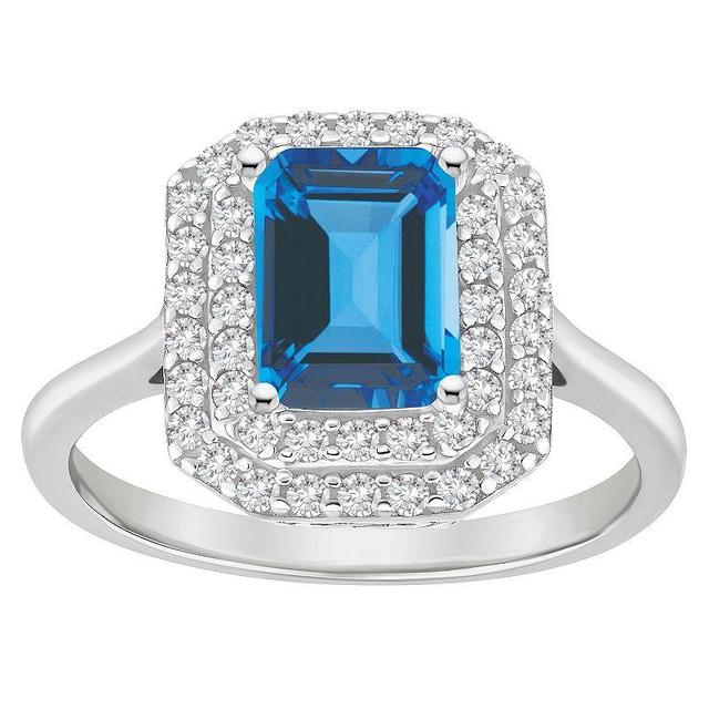 Celebration Gems Sterling Silver Emerald-Cut Swiss Blue Topaz & White Topaz Double Halo Ring, Womens Product Image