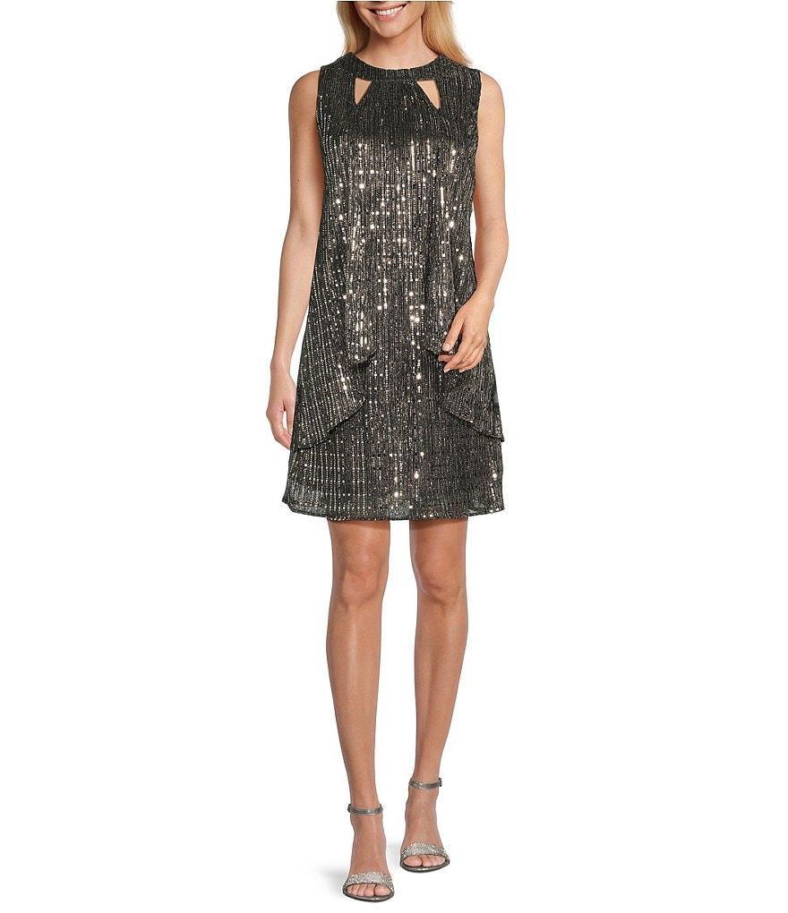 Leslie Fay Cutout Crew Neck Sleeveless Sequin Dress Product Image