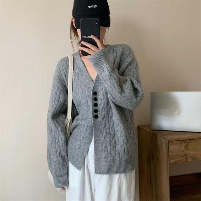 V-Neck Plain Cable Knit Button-Up Slit Cardigan Product Image