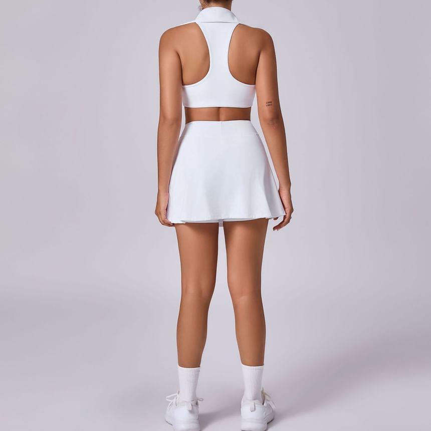 Set: Halter-Neck Plain Collared Sports Bra + High Waist Sports Skirt Product Image