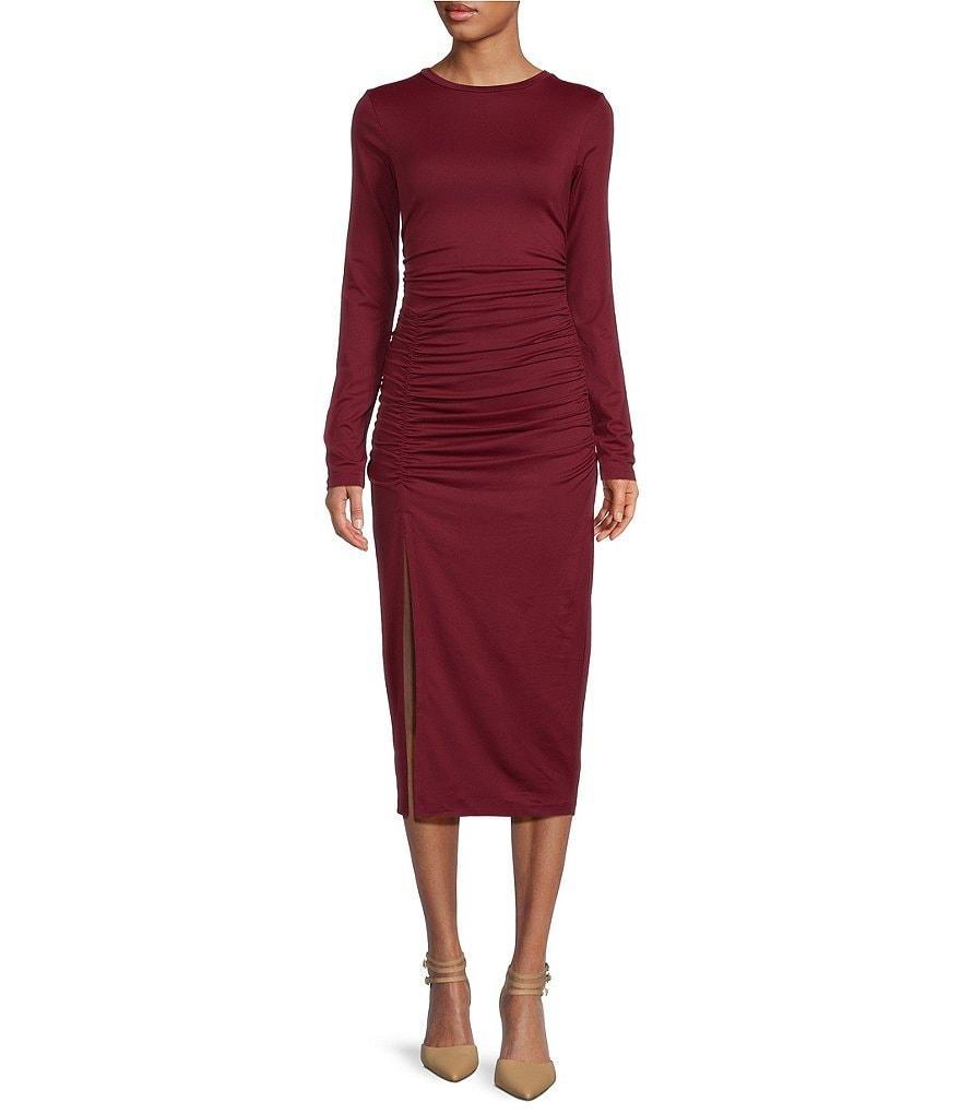 Susana Monaco Gathered Crew Neck Long Sleeve Side Slit Midi Dress Product Image