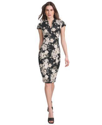 Petite Floral Split-Neck Cap-Sleeve Dress Product Image