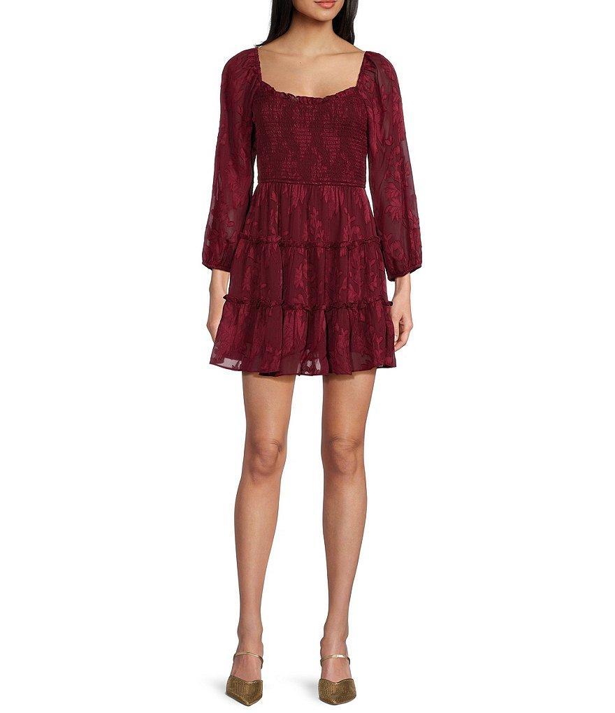 B. Darlin Jacquard Square Neck Long Sleeve Smocked Ruffle Dress Product Image