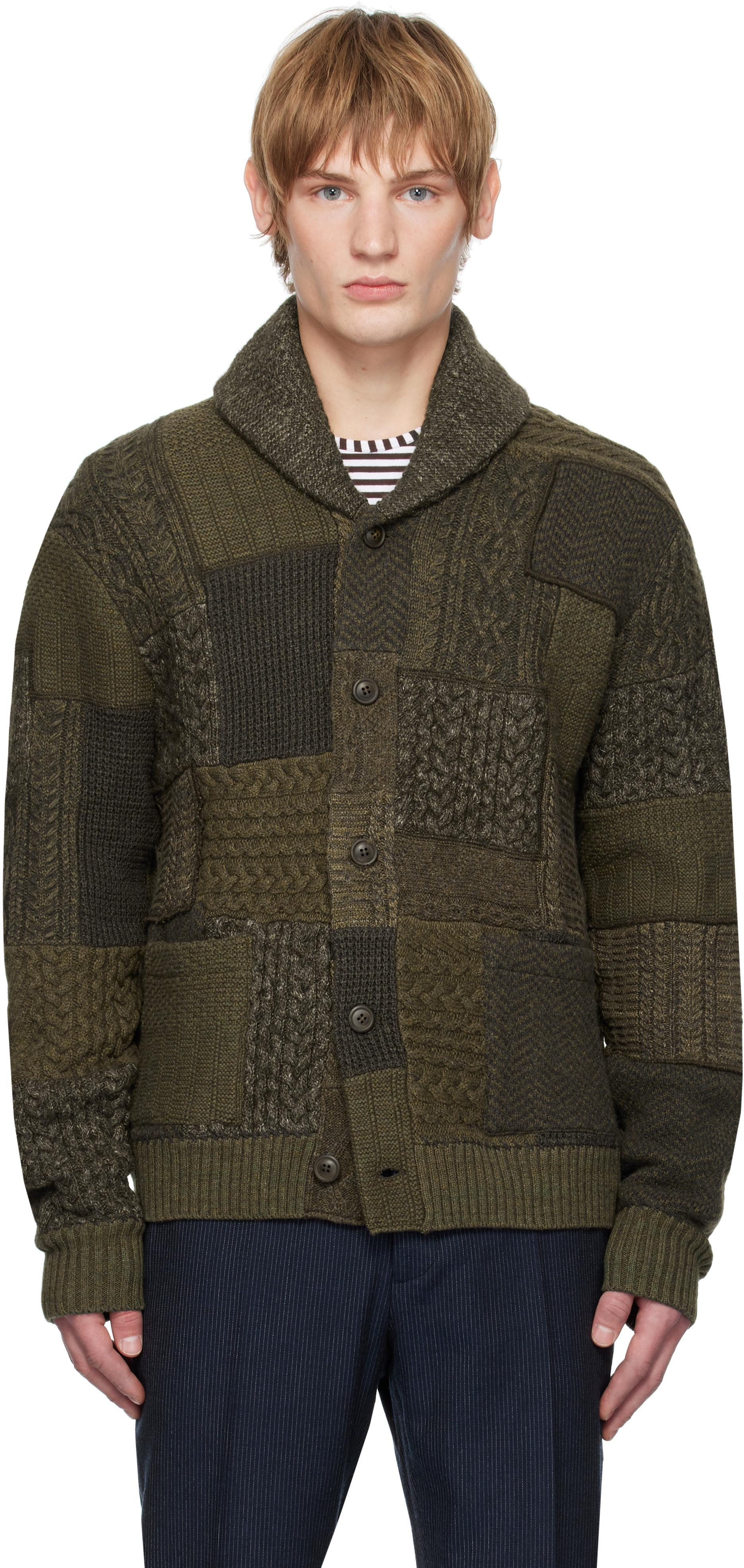 Khaki Patchwork Wool-Blend Shawl Cardigan Product Image