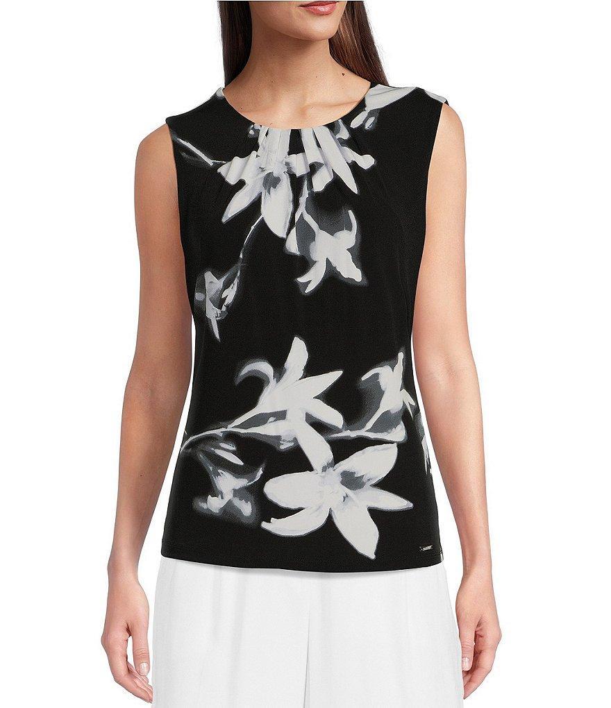 Calvin Klein Floral Knit Pleated Crew Neck Sleeveless Fitted Cami Top Product Image