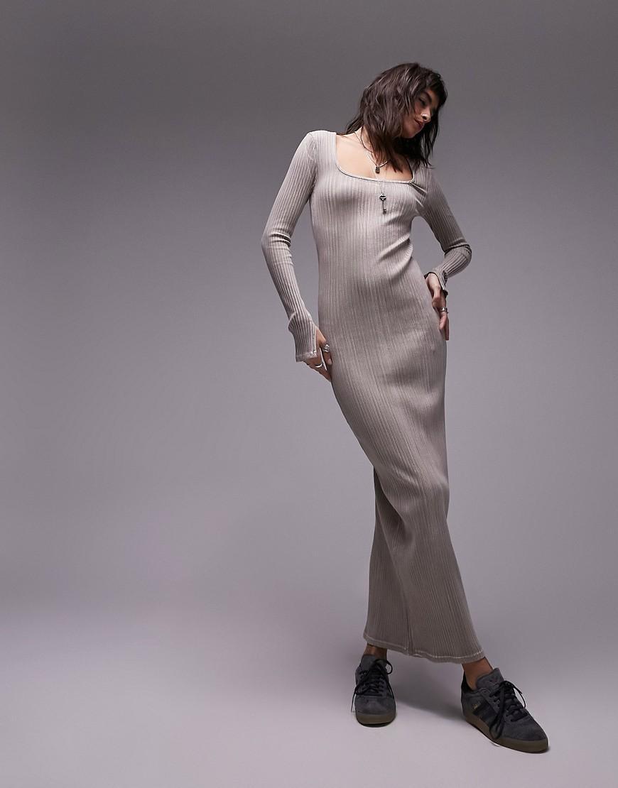 Topshop ribbed bleach wash scoop neck jersey midi dress in gray and pink Product Image