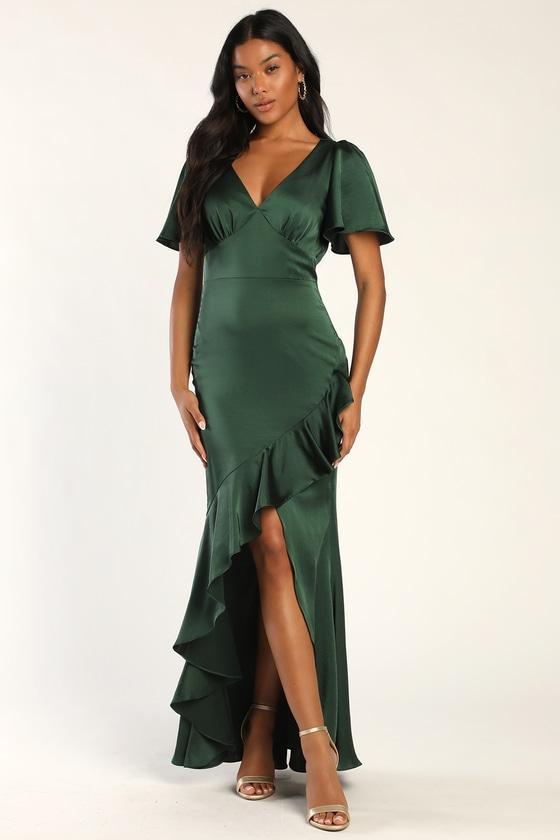 Eternal Bond Emerald Satin Ruffled Flutter Sleeve Maxi Dress Product Image