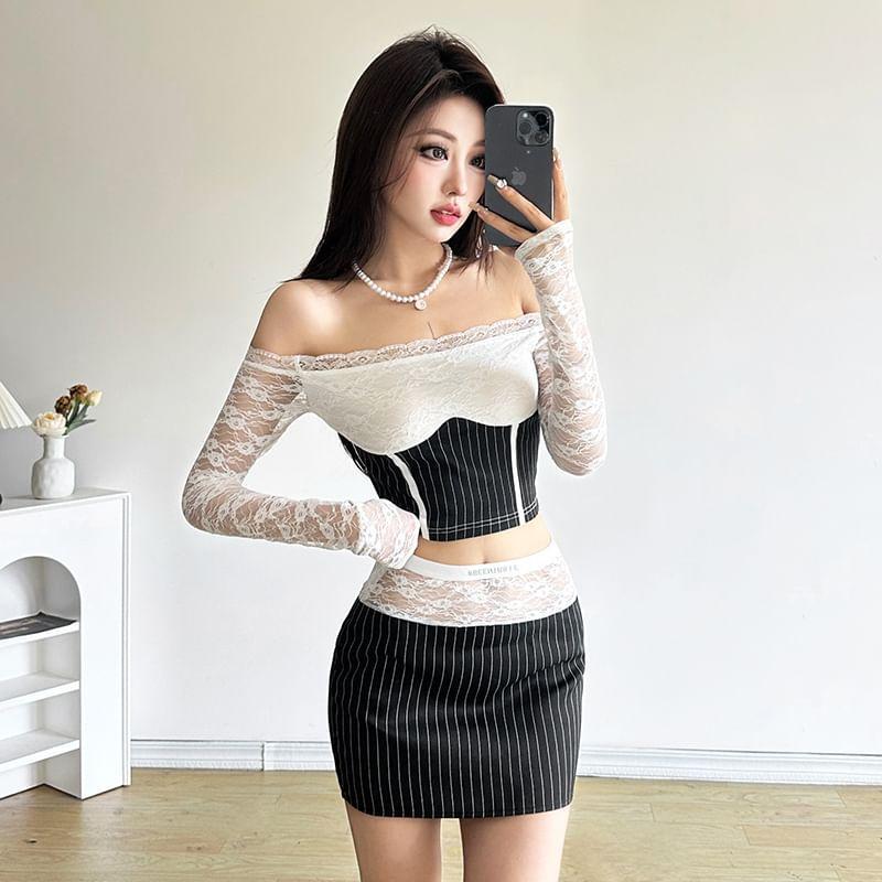 Long-Sleeve Off-Shoulder Striped Panel Lace Crop Top / High Rise Mini Pencil Skirt Product Image