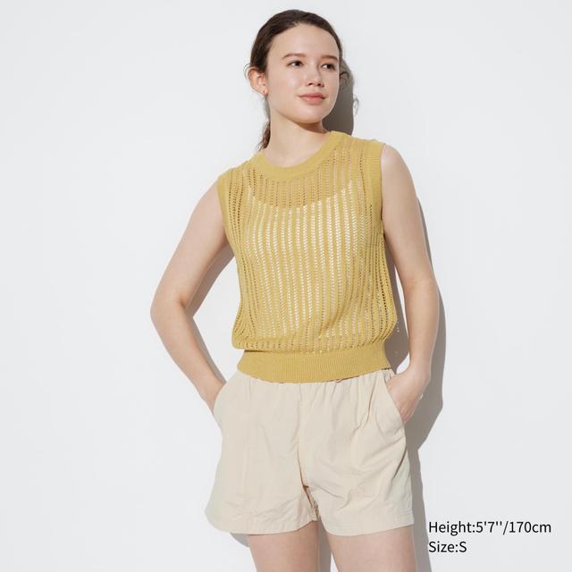 Womens Mesh Crew Neck Sleeveless Short Sweater Yellow 2XL UNIQLO US Product Image