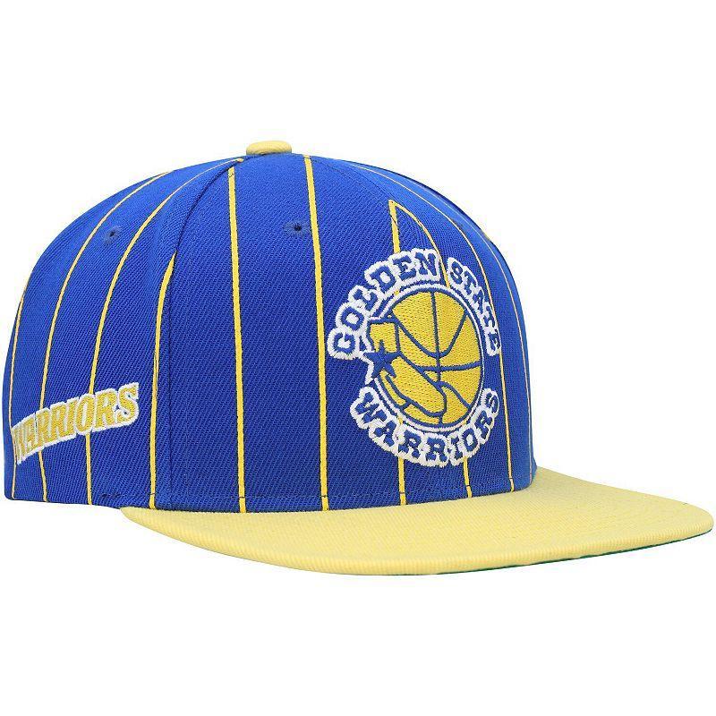 Mens Mitchell & Ness Royal/Gold Golden State Warriors Hardwood Classics Pinstripe Snapback Hat Product Image