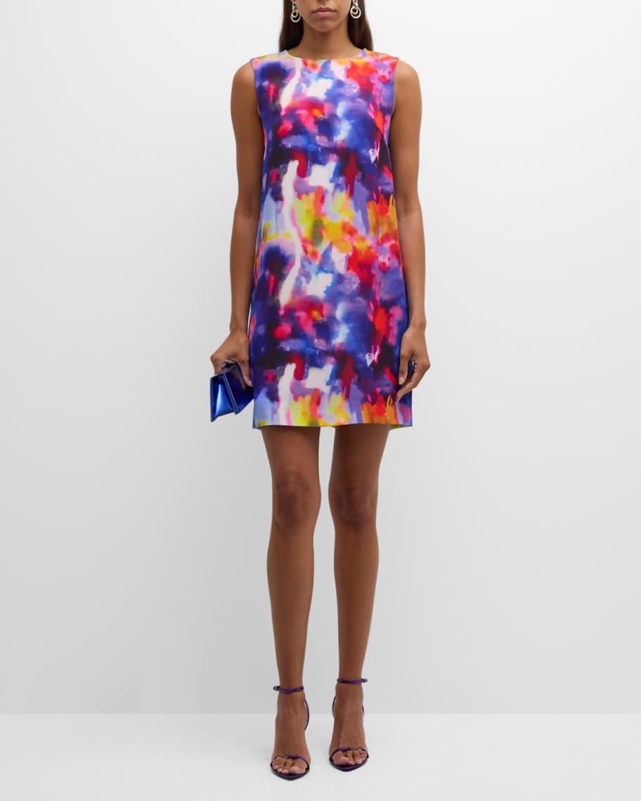 Blur-Print Silk Sleeveless Mini Shift Dress Product Image