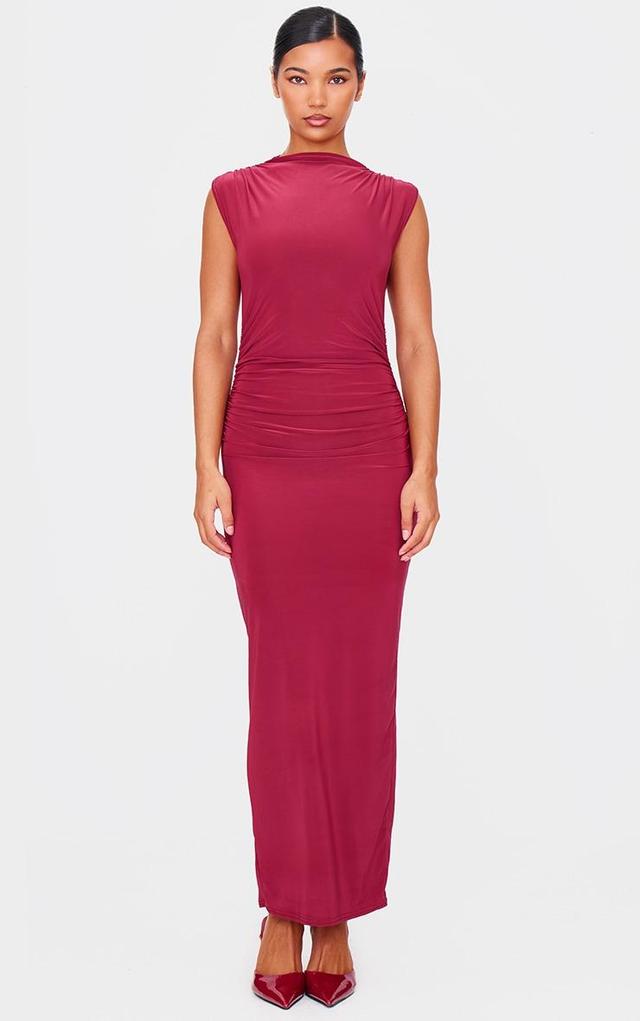 Burgundy Slinky High Neck Ruched Side Midaxi Dress Product Image