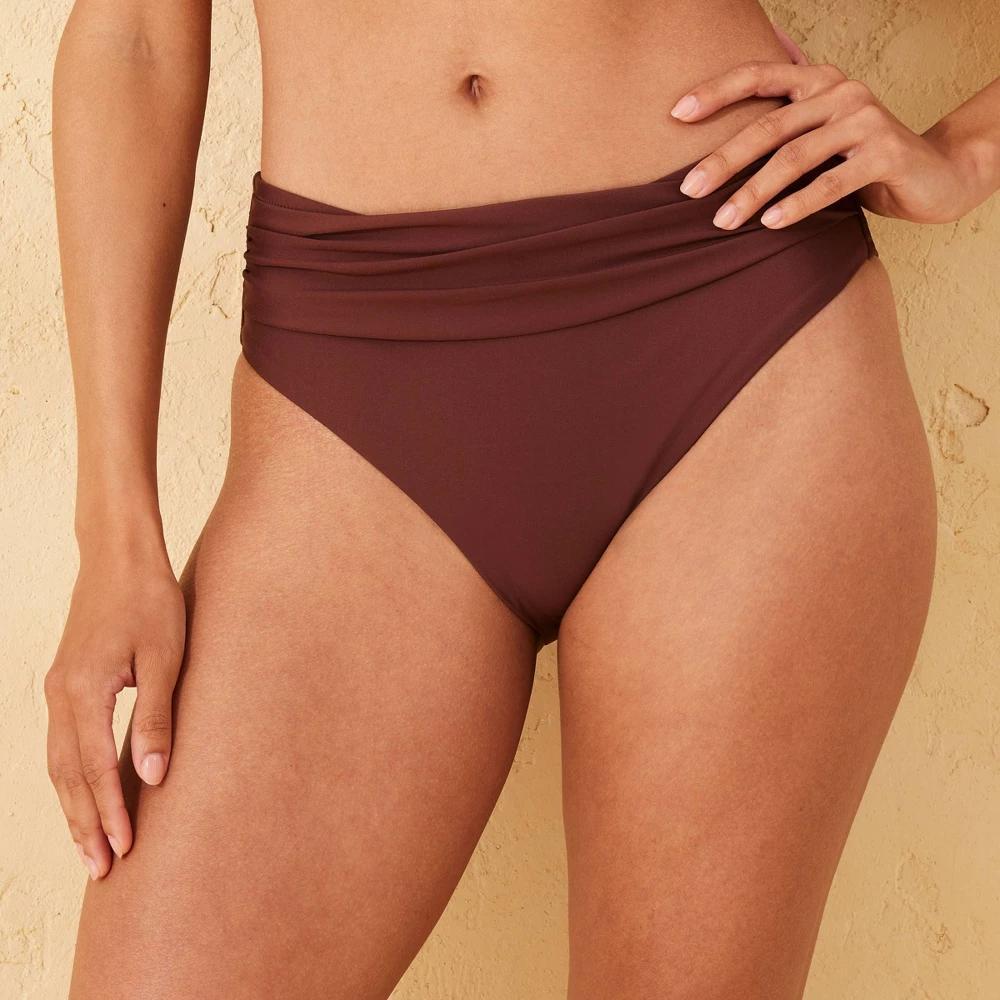 Womens Mid-Rise Shirred Waistband Bikini Bottom - Shade & Shore Brown L Product Image