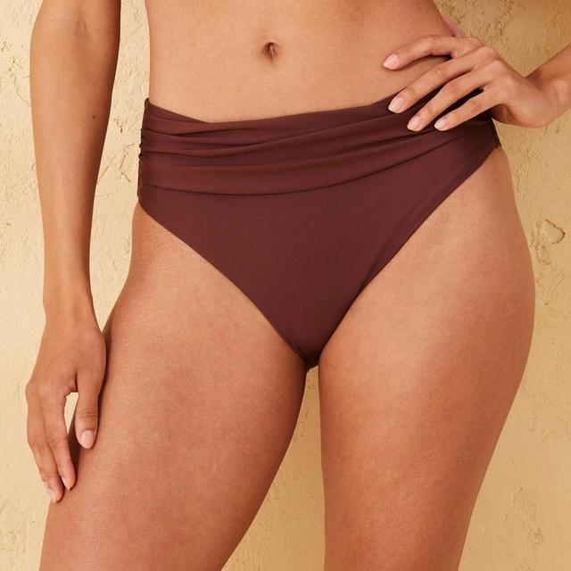 Womens Mid-Rise Shirred Waistband Bikini Bottom - Shade & Shore Brown L Product Image