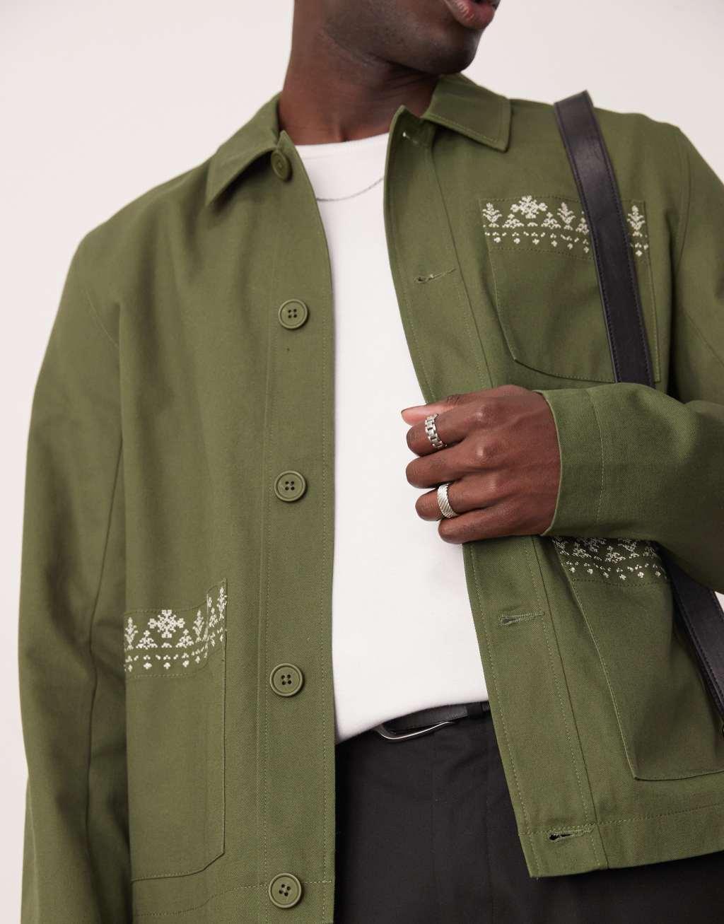 ASOS DESIGN embroidered harrington jacket in olive Product Image