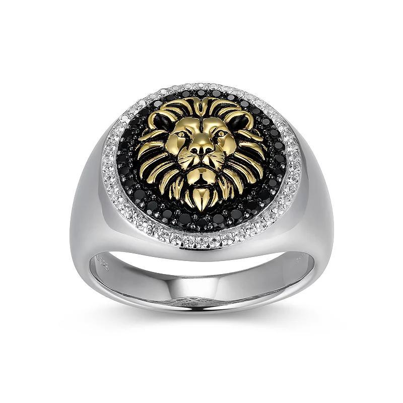 Two-Tone Sterling Silver Black Spinel and Lab-Created White Sapphire Lion Mens Ring Two Tone Product Image