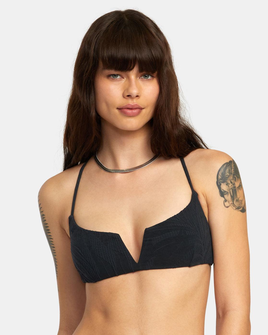 Palm Grooves V Wire Crossback Bikini Top - Black Product Image