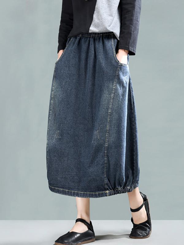 Vintage Loose A-Line Elasticity Solid Color Skirts Bottoms product image