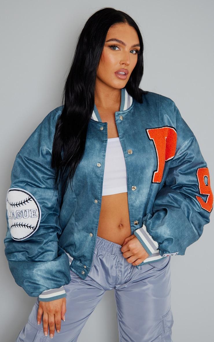 PRETTYLITTLETHING Blue Graphic Back Brushed Look Satin Bomber Jacket Product Image