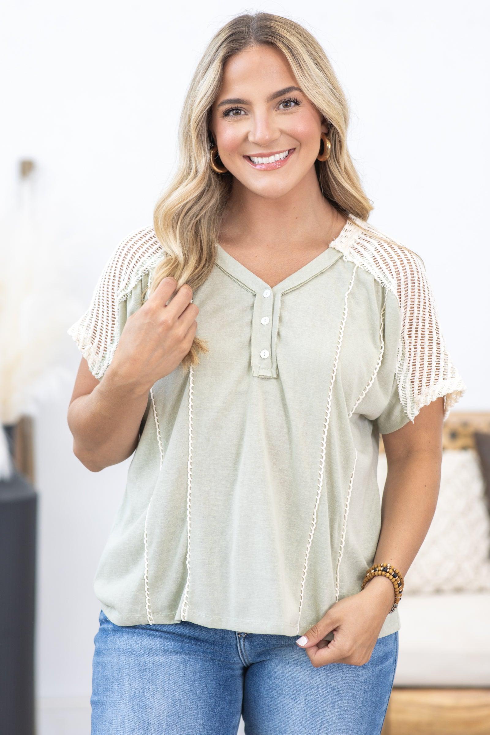 Sage Crochet Sleeve Henley Top Product Image