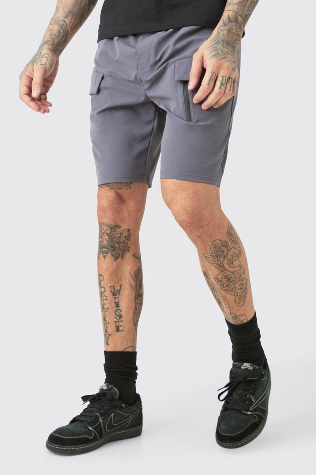 Mens Grey Tall Elasticated Waist Relaxed Lightweight Stretch Cargo Zip Short, Grey Product Image