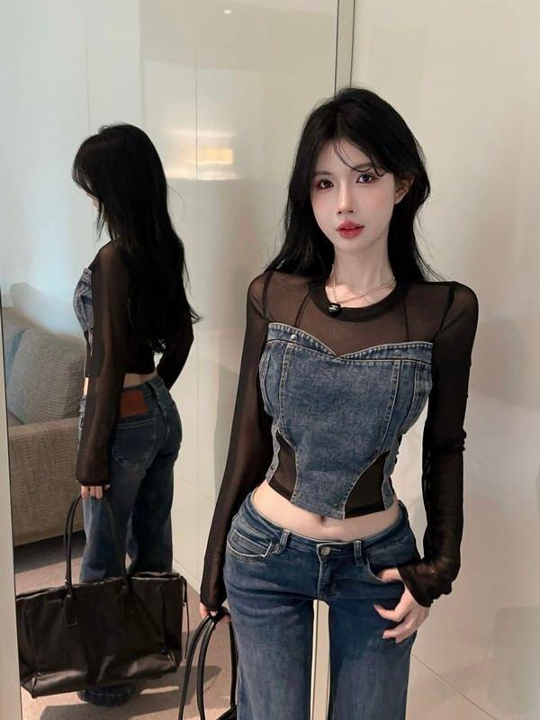 Long Sleeve Crew Neck Washed Denim Panel Sheer Crop Top Product Image