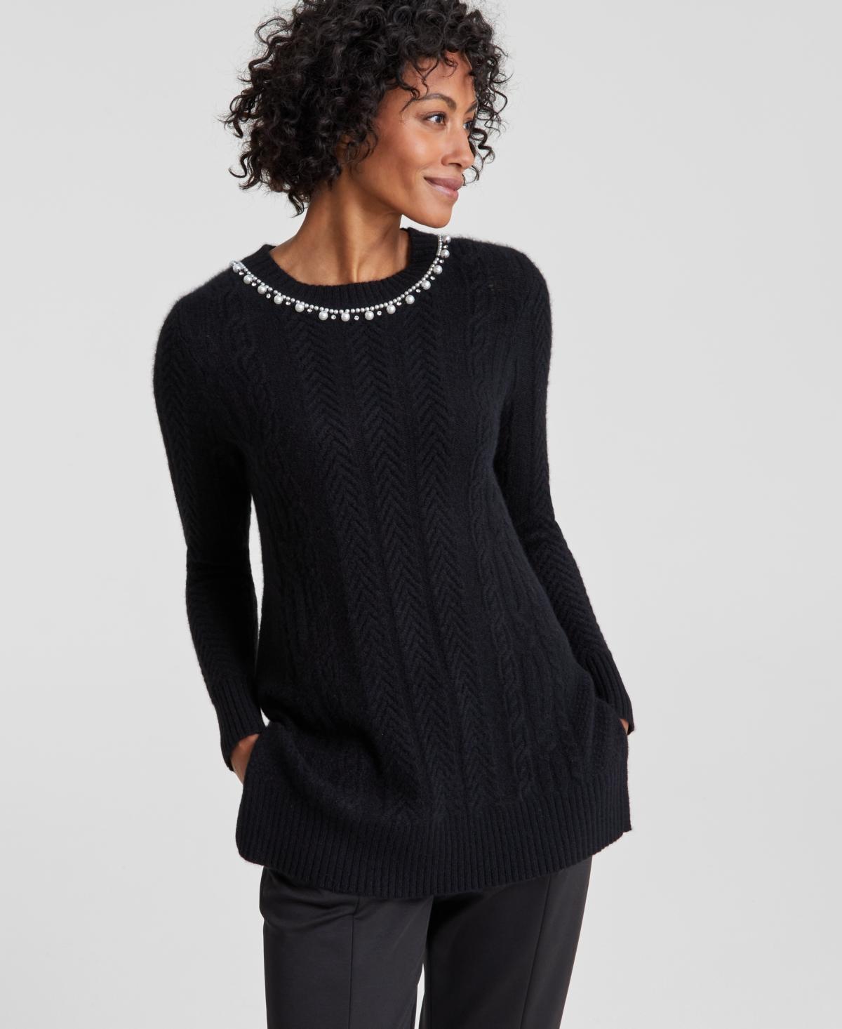 Charter Club Womens Cashmere Embellished Cable-Knit Tunic Sweater, Created for Macys Product Image