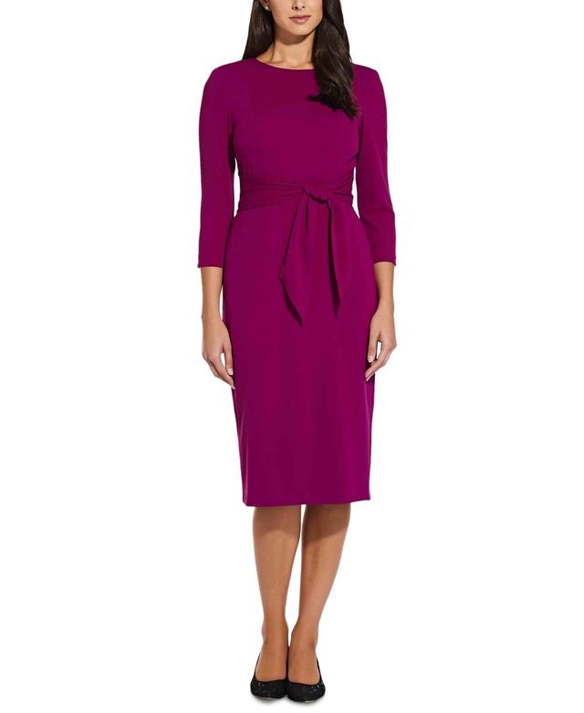 Adrianna Papell Stretch Crepe Crew Neck Tie Waist 34 Sleeve Midi Sheath Dress Product Image