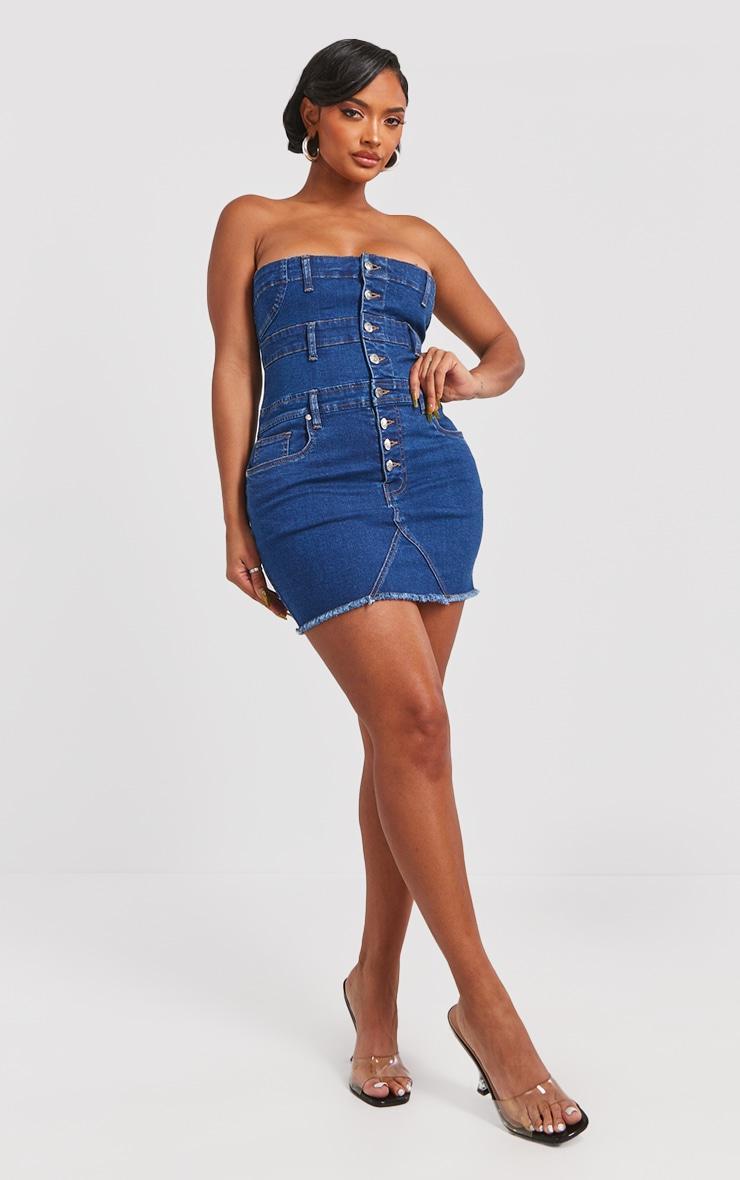 Shape Dark Blue Denim Button Front Bandeau Dress Product Image