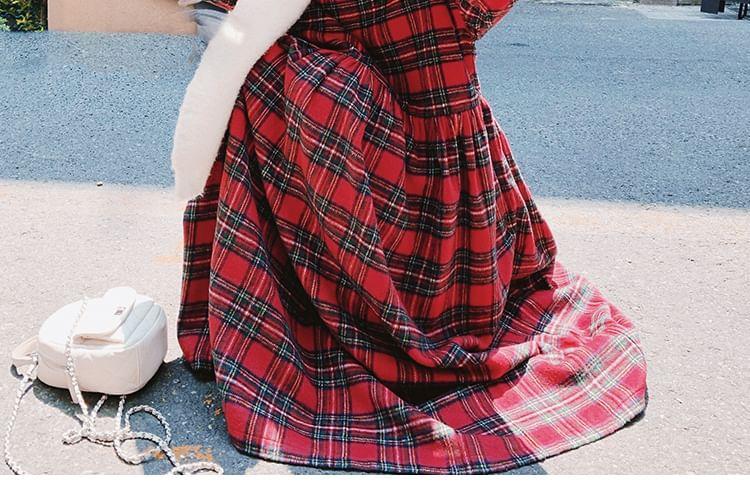 Long-Sleeve Round Neck Plaid Midi Tunic Dress Product Image