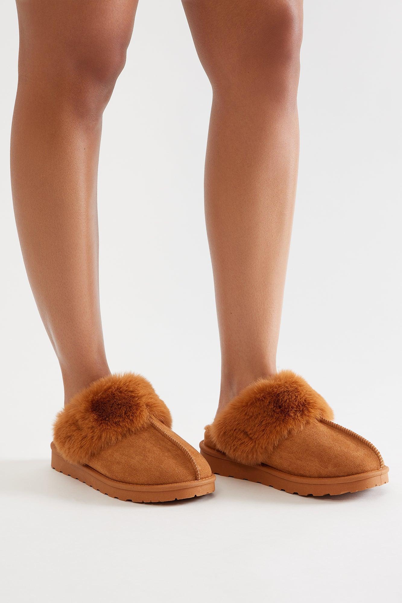 Forest Fur Trim Slippers - Camel Product Image