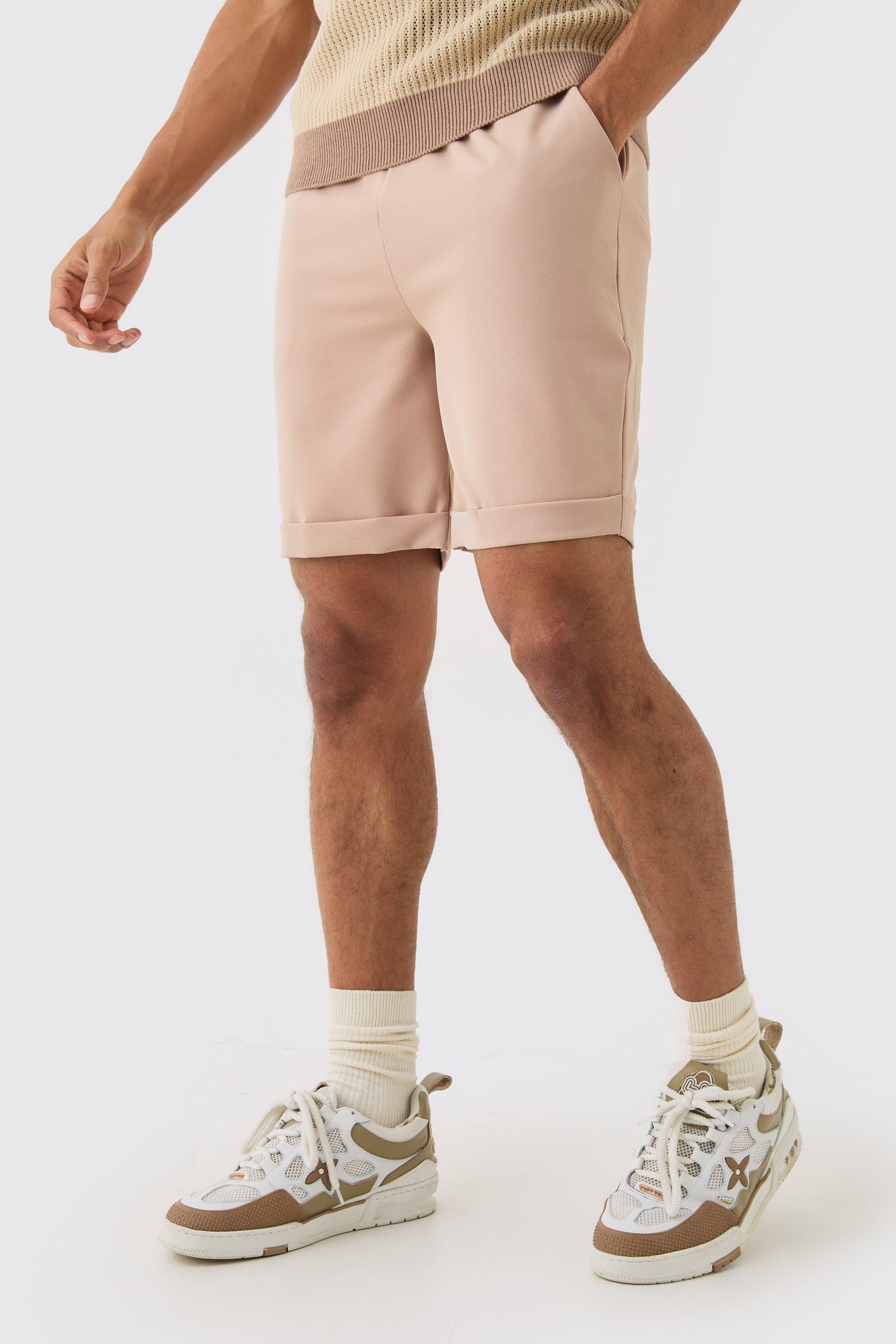 Mens Beige Elasticated Waist Turn Up Stretch Slim Fit Shorts, Beige Product Image