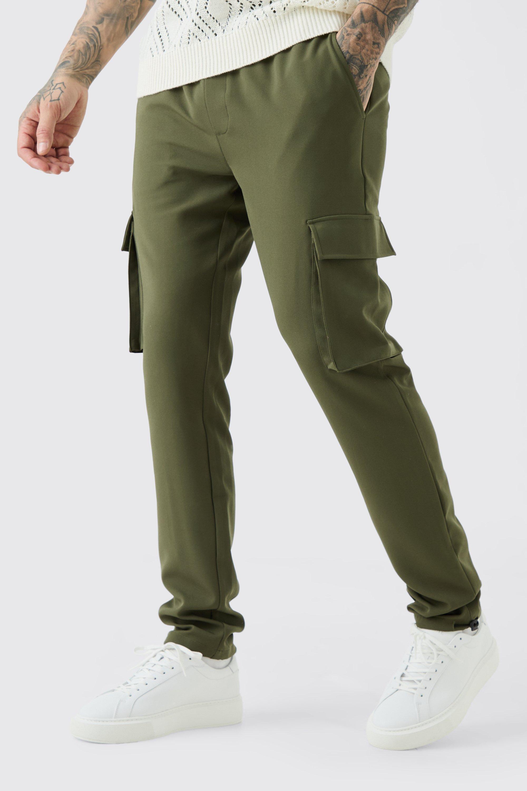 Mens Green Tall Elastic Lightweight Skinny Cargo Trouser, Green Product Image