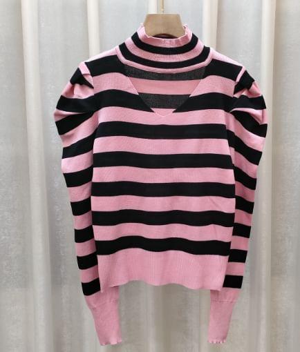 Long-Sleeve Turtleneck Striped Cutout Slim Fit Knit Top Product Image