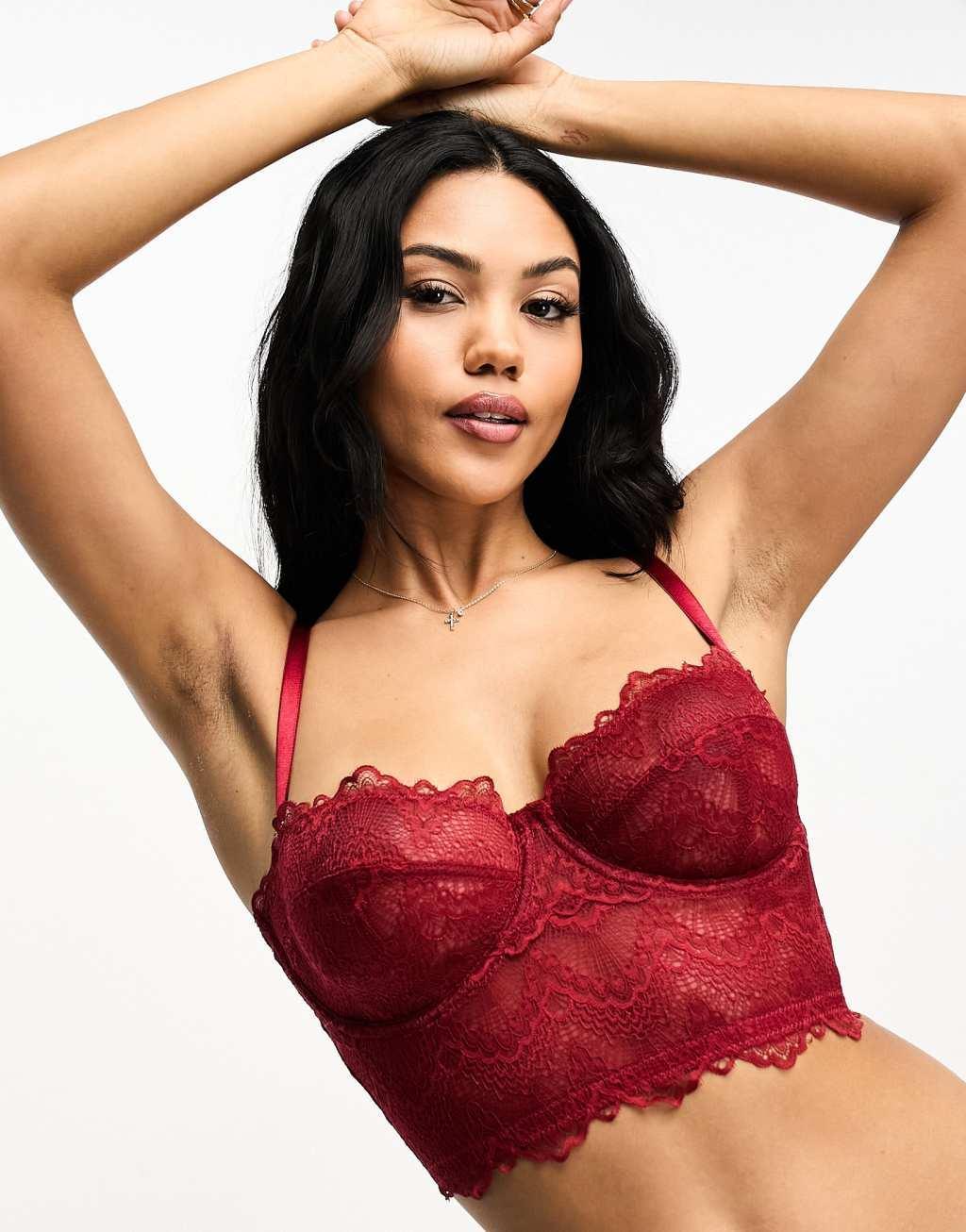 ASOS DESIGN Fuller Bust Rosie lace with detachable straps corset in burgundy Product Image