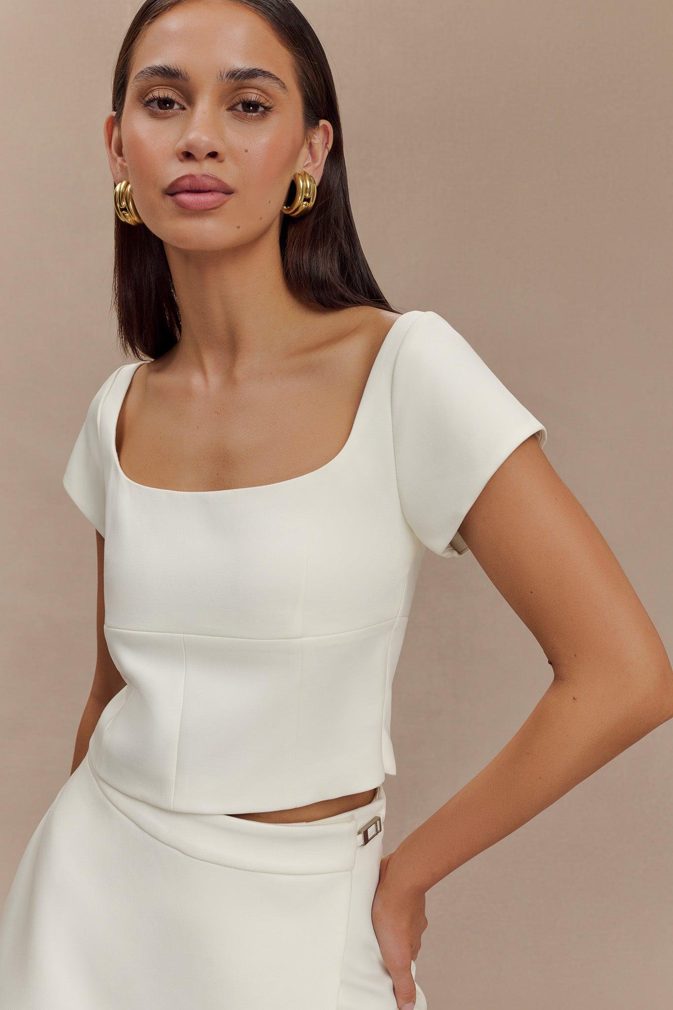 Ellis Cap Sleeve Longline Suiting Top - Ivory Product Image