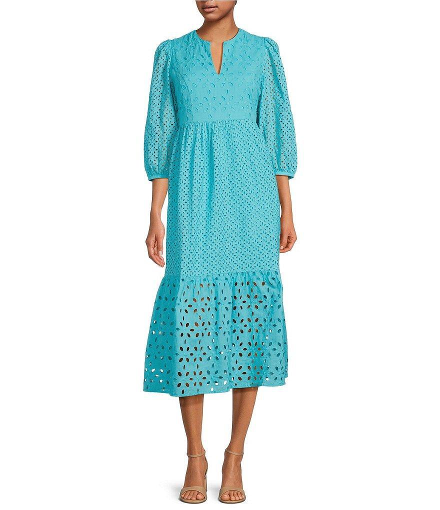 tyler boe Isador Eyelet Split V-Neck 3/4 Puff Sleeve Tiered Midi A-Line Dress Product Image