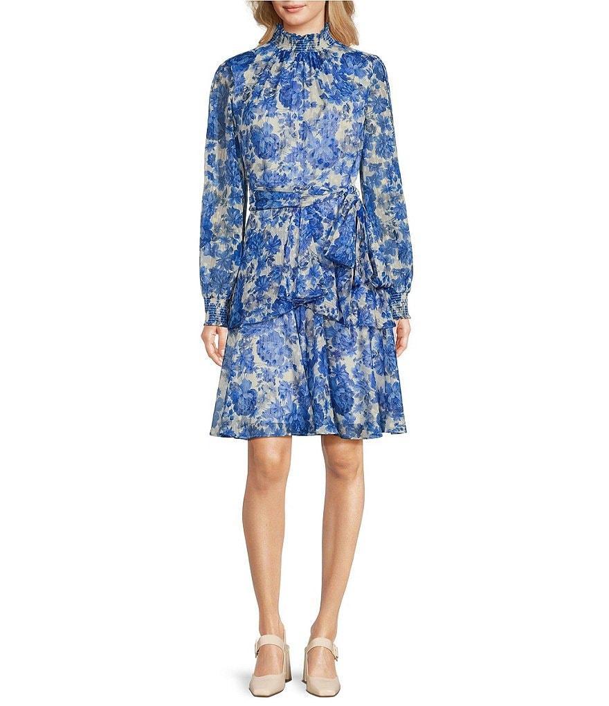 Alex Marie Rosalia Floral Print Slit Long Sleeve Mock Neck Tiered A-Line Dress Product Image