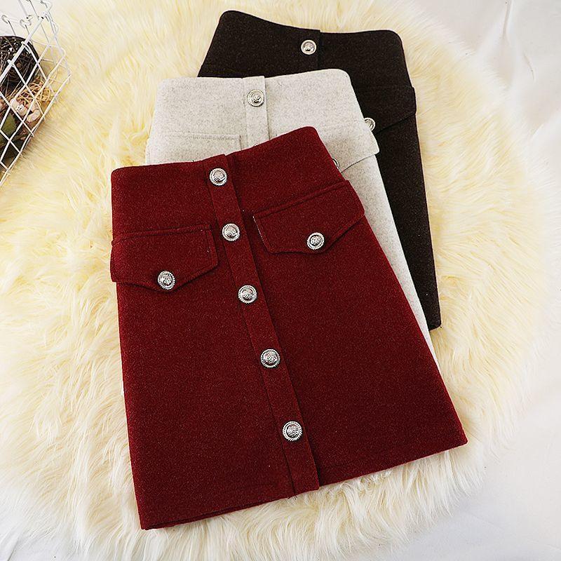 High Rise Plain Button-Up Mini A-Line Skirt Product Image