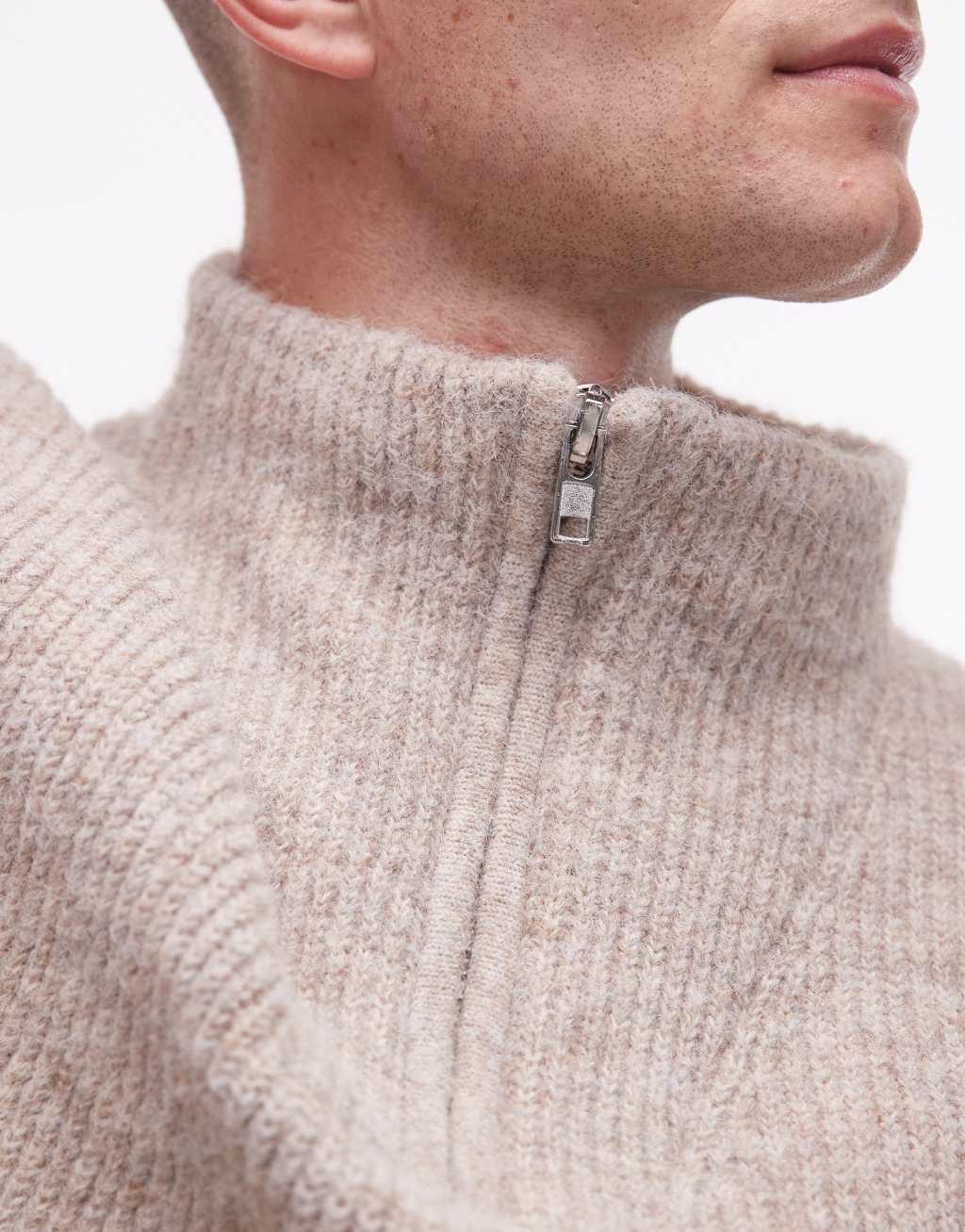 Topman oversized 1/4 zip sweater in oat Product Image