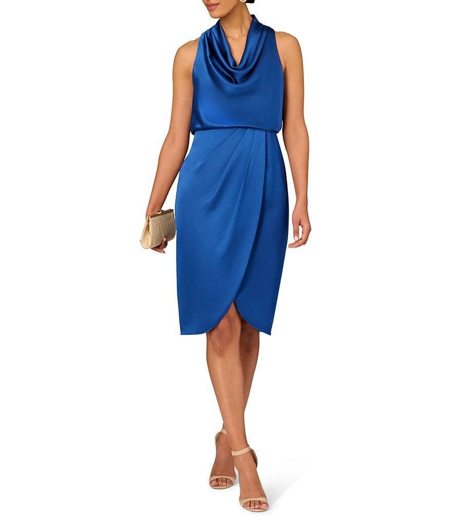 Aidan Mattox Satin Cowl Neck Sleeveless Draped Wrap Dress Product Image