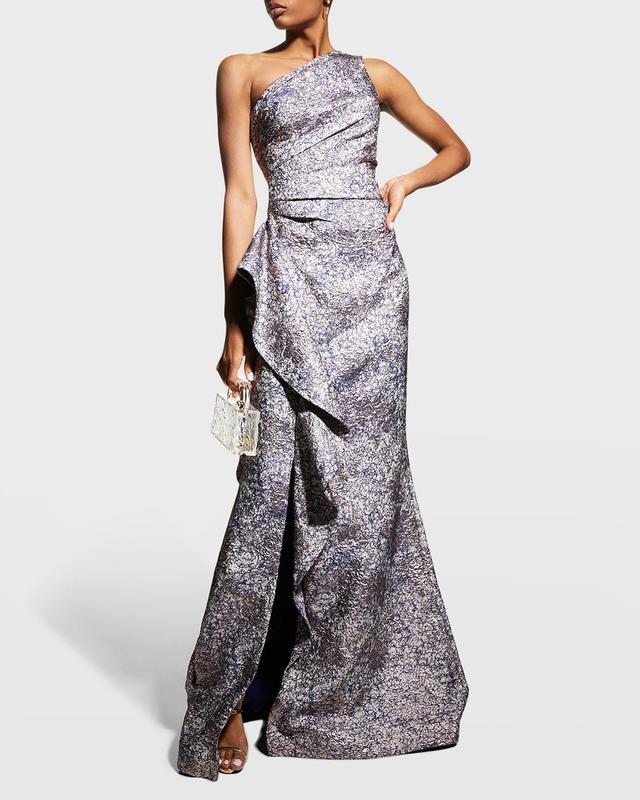 Womens Metallic Jacquard One-Shoulder Gown Product Image