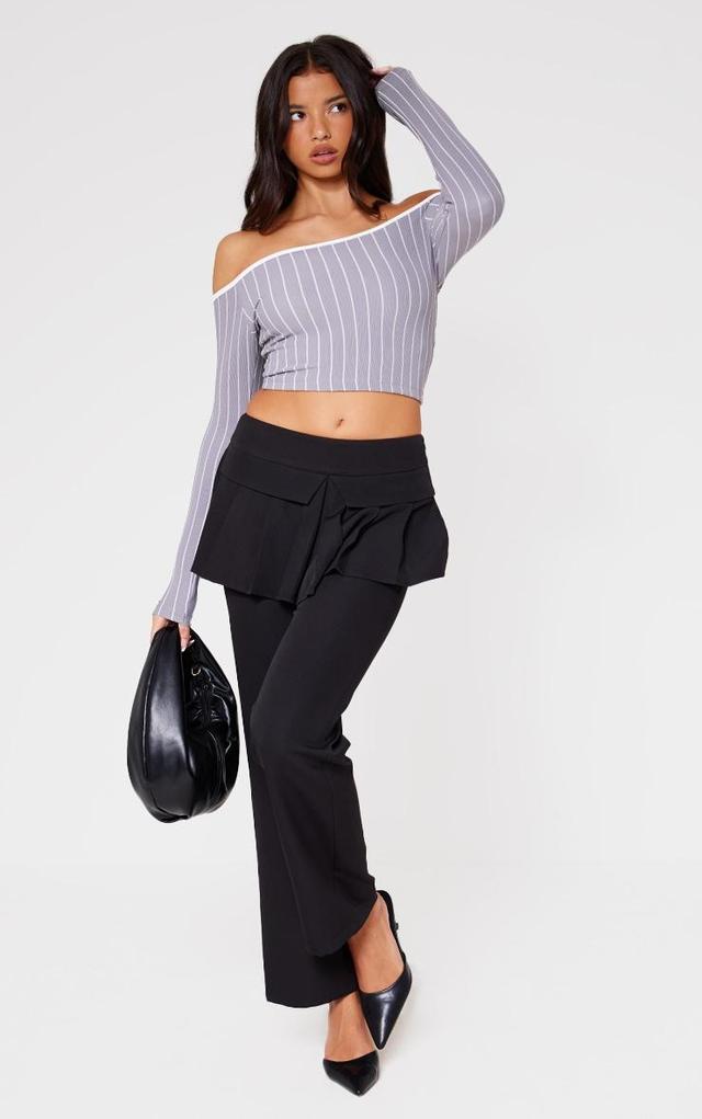 Grey Contrast Detail Pinstripe Bardot Long Sleeve Top Product Image