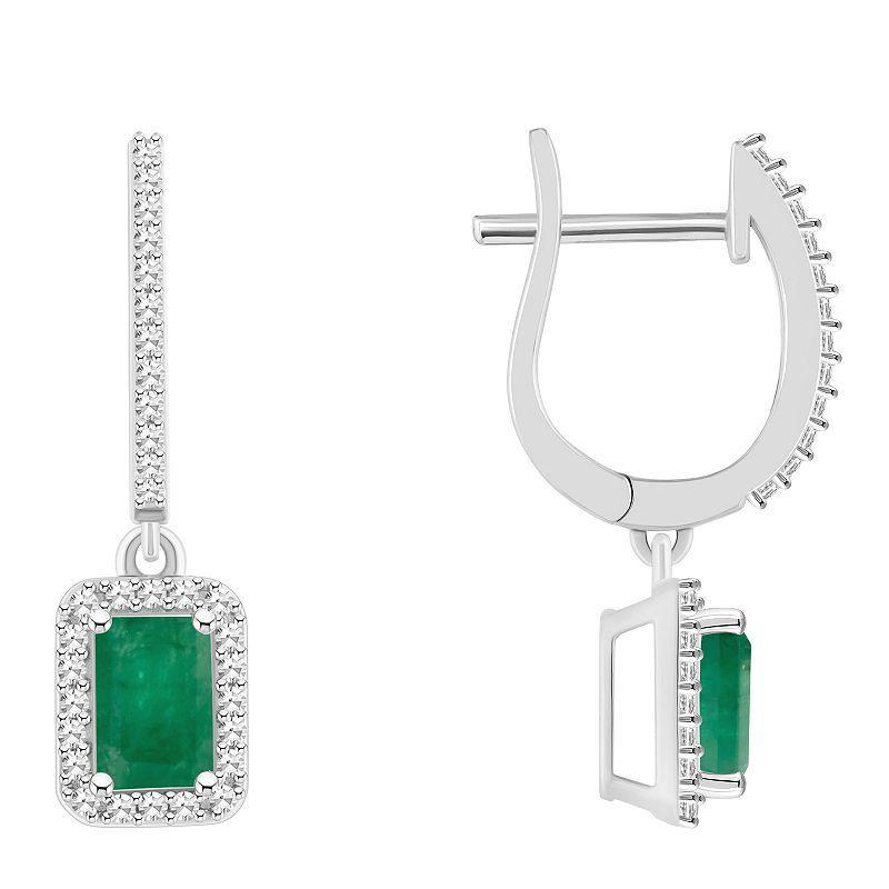 Celebration Gems Sterling Silver Emerald-Cut Emerald & 1/3 Carat T.W. Diamond Hoop Drop Earrings, Womens Product Image