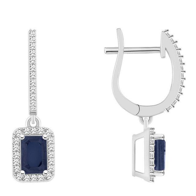 Celebration Gems Sterling Silver Emerald-Cut Sapphire & 1/3 Carat T.W. Diamond Hoop Drop Earrings, Womens Product Image